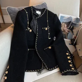 Woman Spring Autumn Black Weave Gold Bordering Round Neck Tweed Jacket