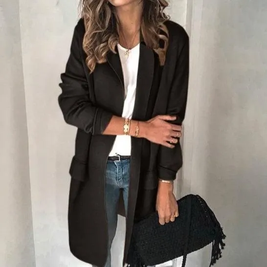 Women winter fall solid color pocket long coat