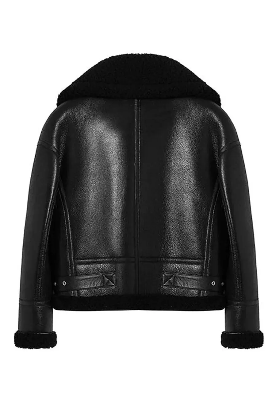 Women’s Black Leather Black Shearling Big Collared Jacket