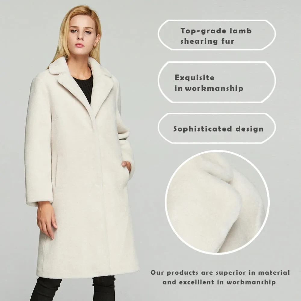 Women's  Real Sheep Shearing Fur Coat with Turn-down Collar  sheepskin Coat 17145