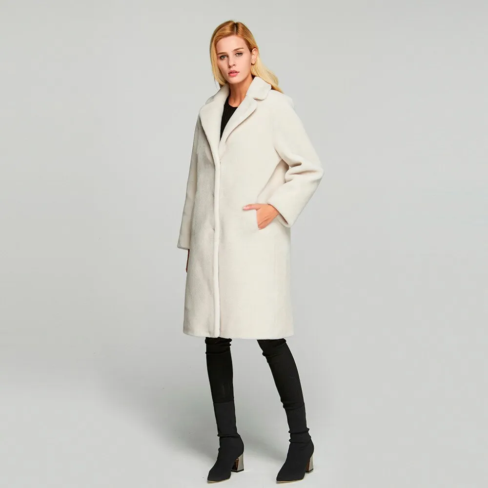 Women's  Real Sheep Shearing Fur Coat with Turn-down Collar  sheepskin Coat 17145
