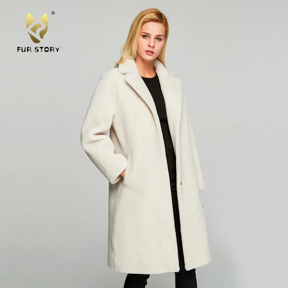 Women's  Real Sheep Shearing Fur Coat with Turn-down Collar  sheepskin Coat 17145