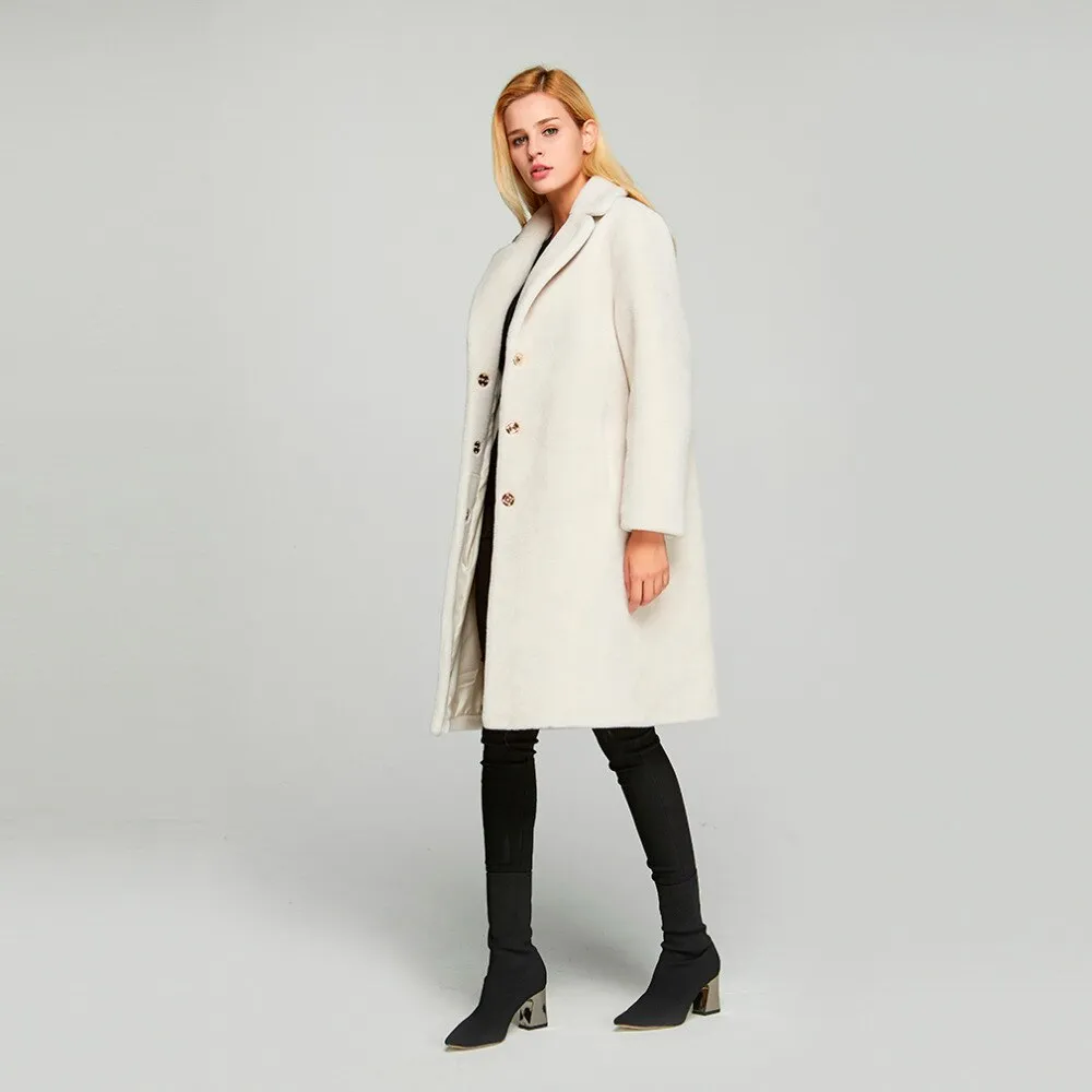 Women's  Real Sheep Shearing Fur Coat with Turn-down Collar  sheepskin Coat 17145