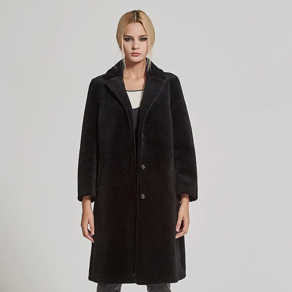 Women's  Real Sheep Shearing Fur Coat with Turn-down Collar  sheepskin Coat 17145