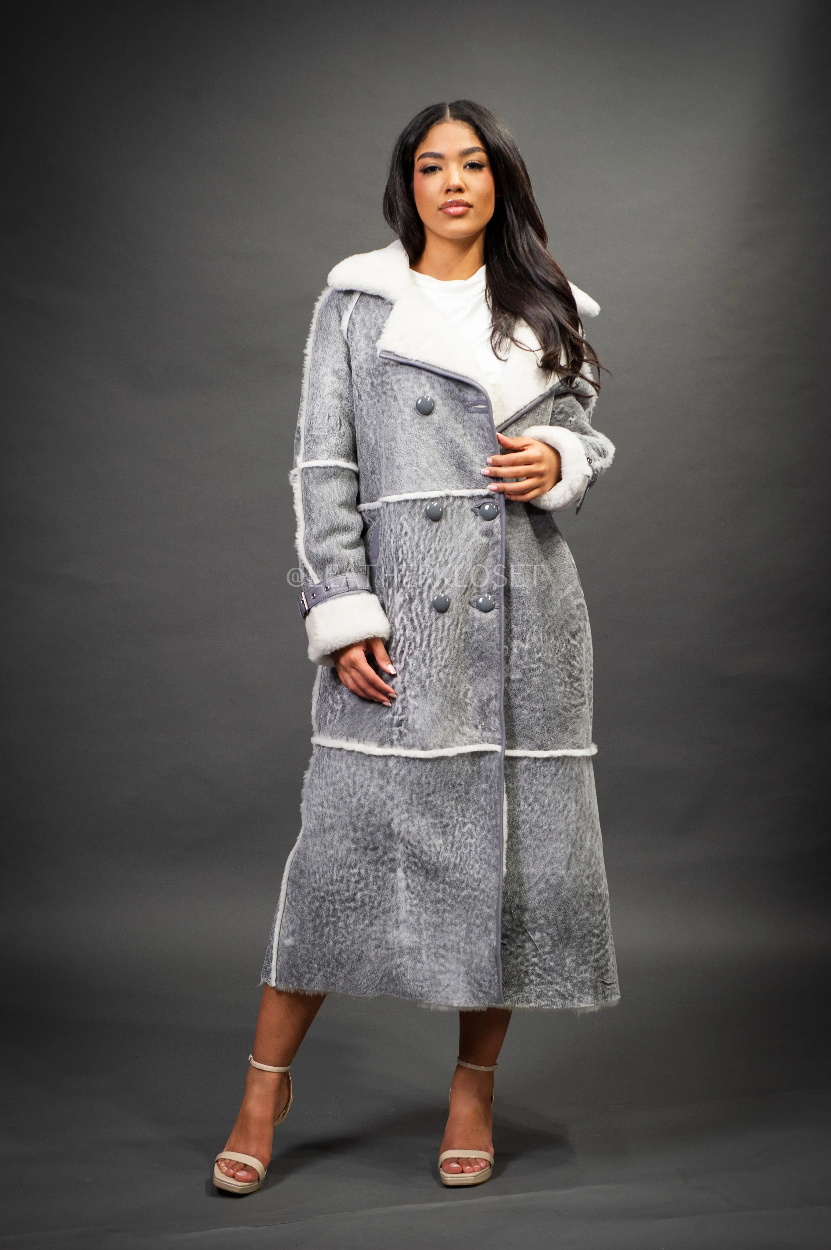 Women's Trinity Full Length Real Sheepskin Trench Coat [Distressed Grey]