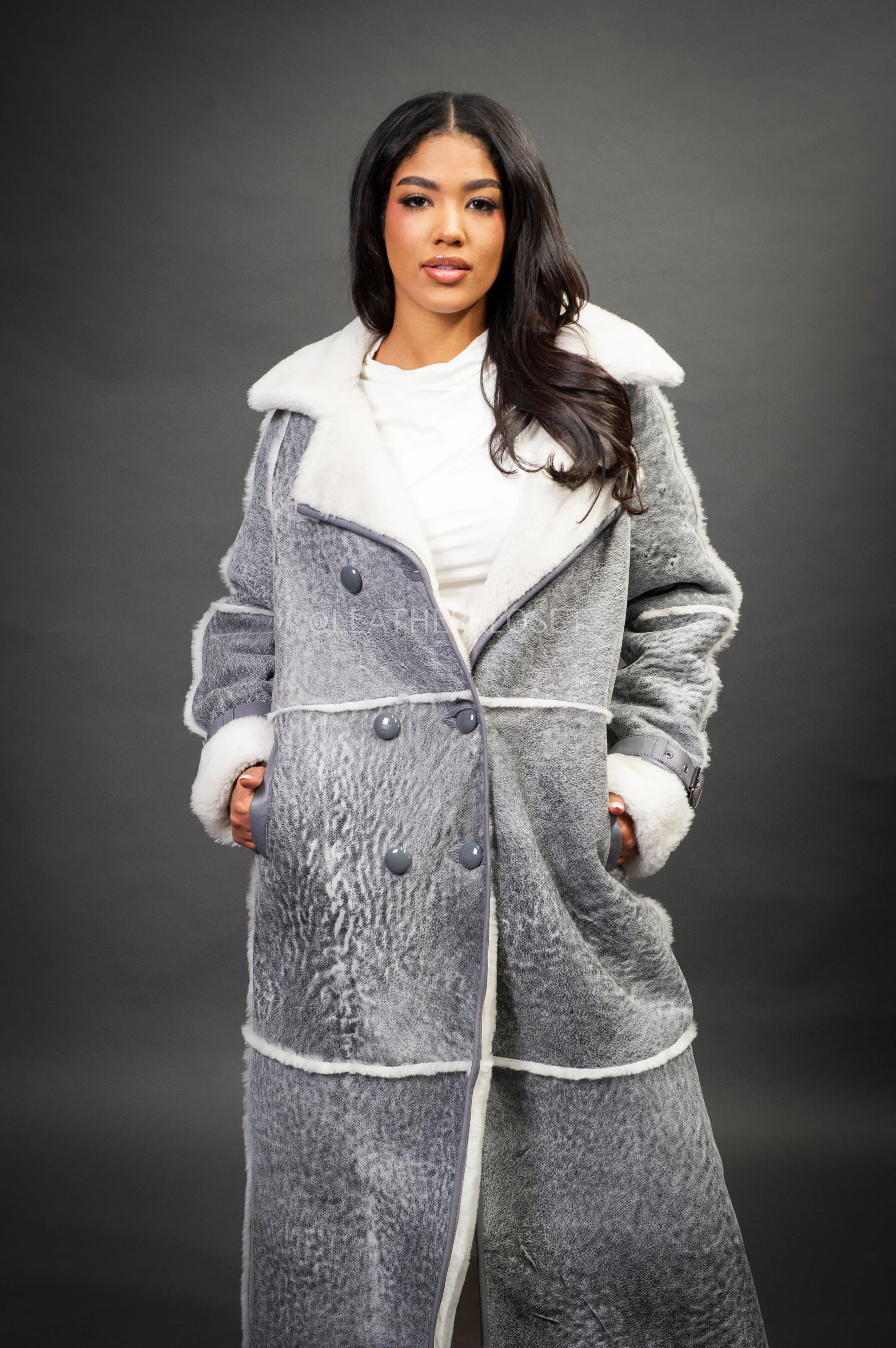Women's Trinity Full Length Real Sheepskin Trench Coat [Distressed Grey]