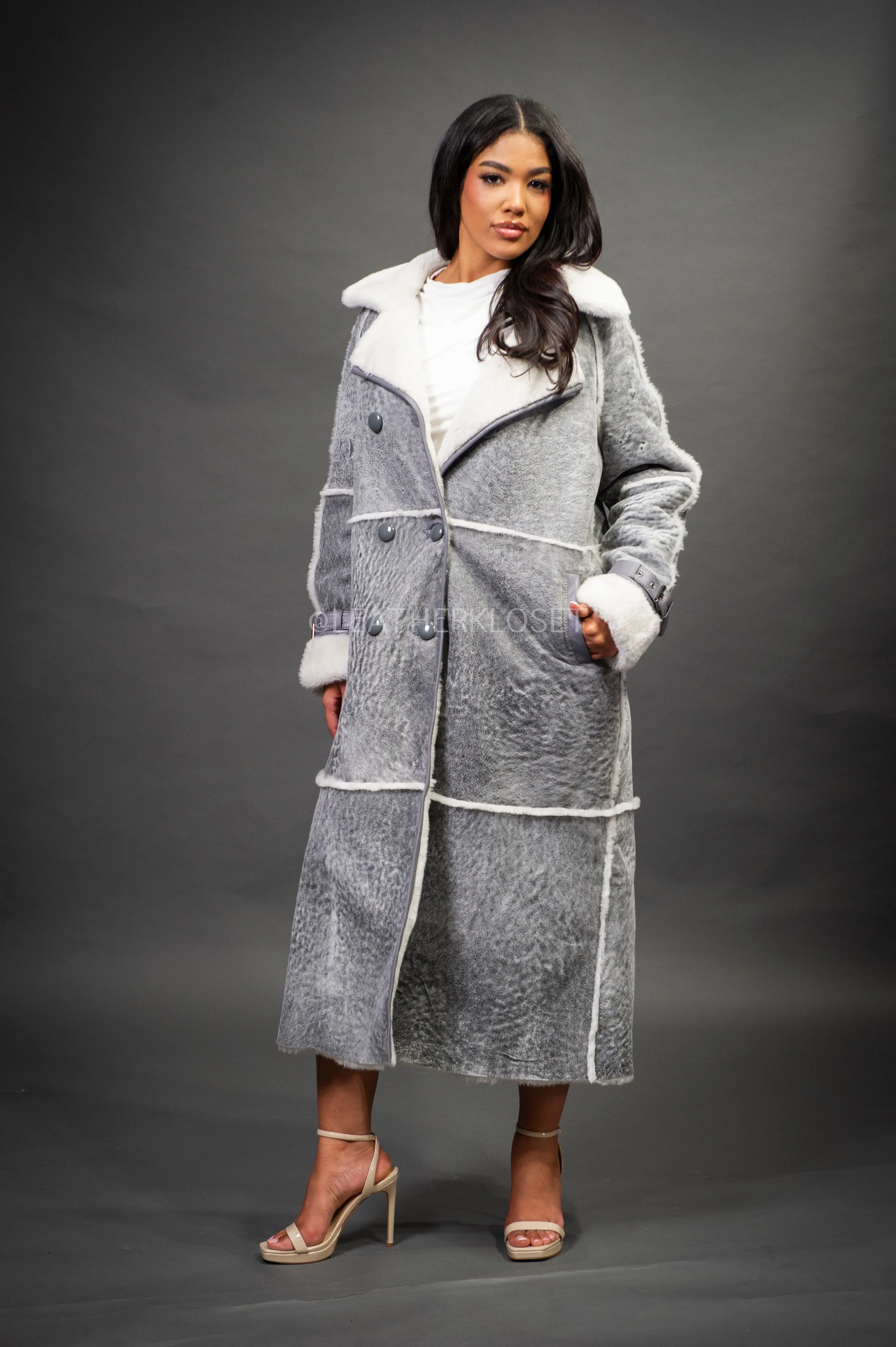 Women's Trinity Full Length Real Sheepskin Trench Coat [Distressed Grey]