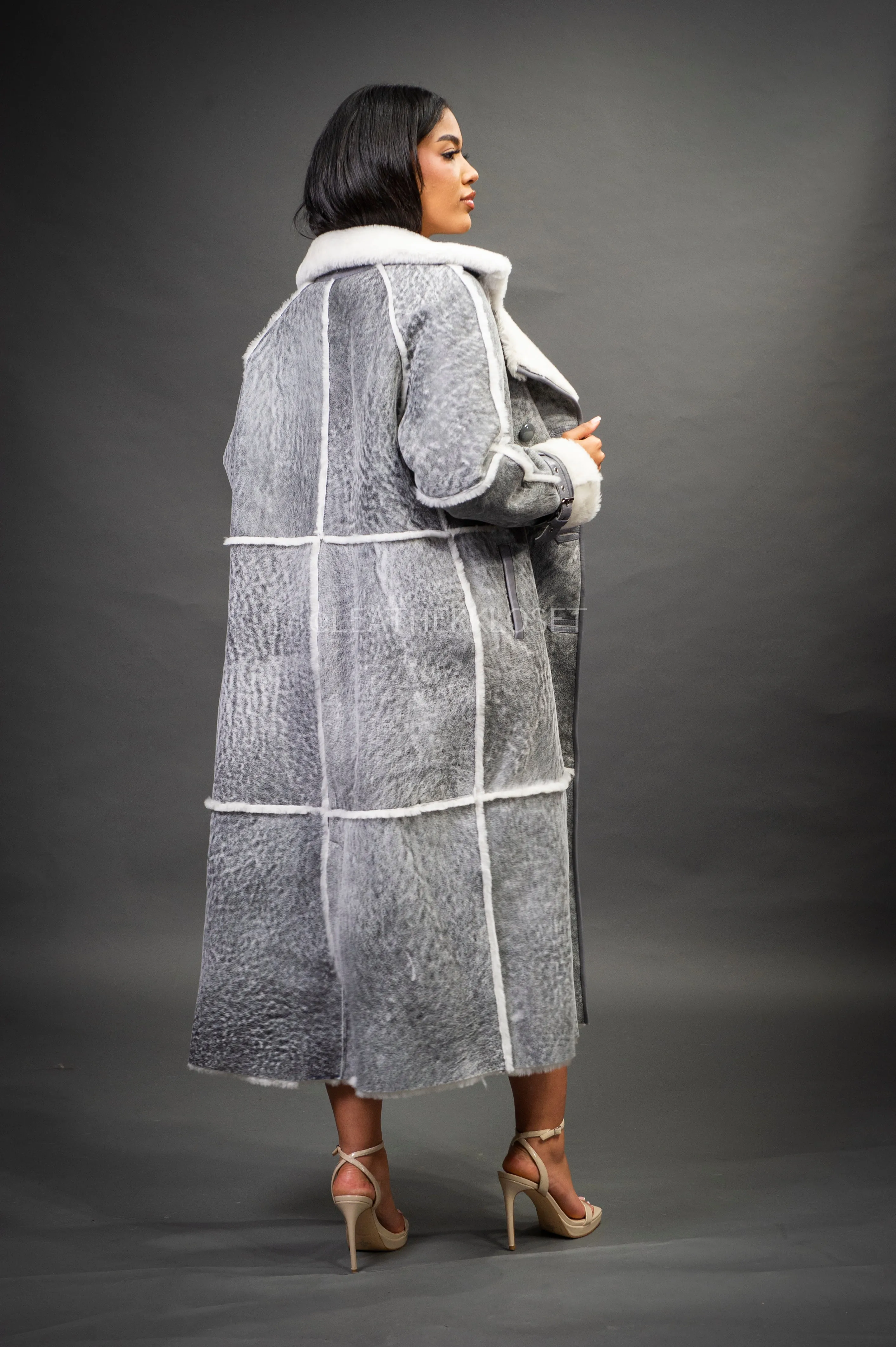 Women's Trinity Full Length Real Sheepskin Trench Coat [Distressed Grey]